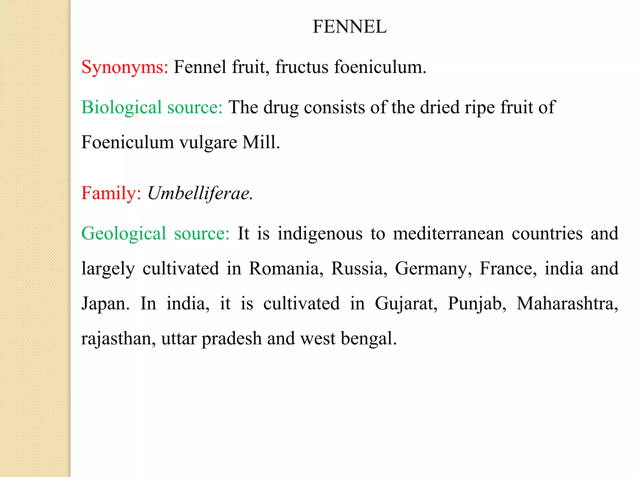 FENNEL
Synonyms: Fennel fruit, fructus foeniculum.
Biological source: The drug consists of the dried ripe fruit of
Foeniculum vulgare Mill.
Family: Umbelliferae.
Geological source: It is indigenous to mediterranean countries and
largely cultivated in Romania, Russia, Germany, France, india and
Japan. In india, it is cultivated in Gujarat, Punjab, Maharashtra,
rajasthan, uttar pradesh and west bengal.
 