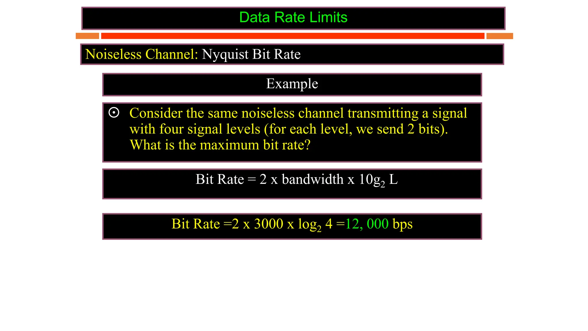 Data Rate Limits
Example
Noiseless Channel: Nyquist Bit Rate
 Consider the same noiseless channel transmitting a signal
with four signal levels (for each level, we send 2 bits).
What is the maximum bit rate?
Bit Rate =2 x 3000 x log2 4 =12, 000 bps
Bit Rate = 2 x bandwidth x 10g2 L
 