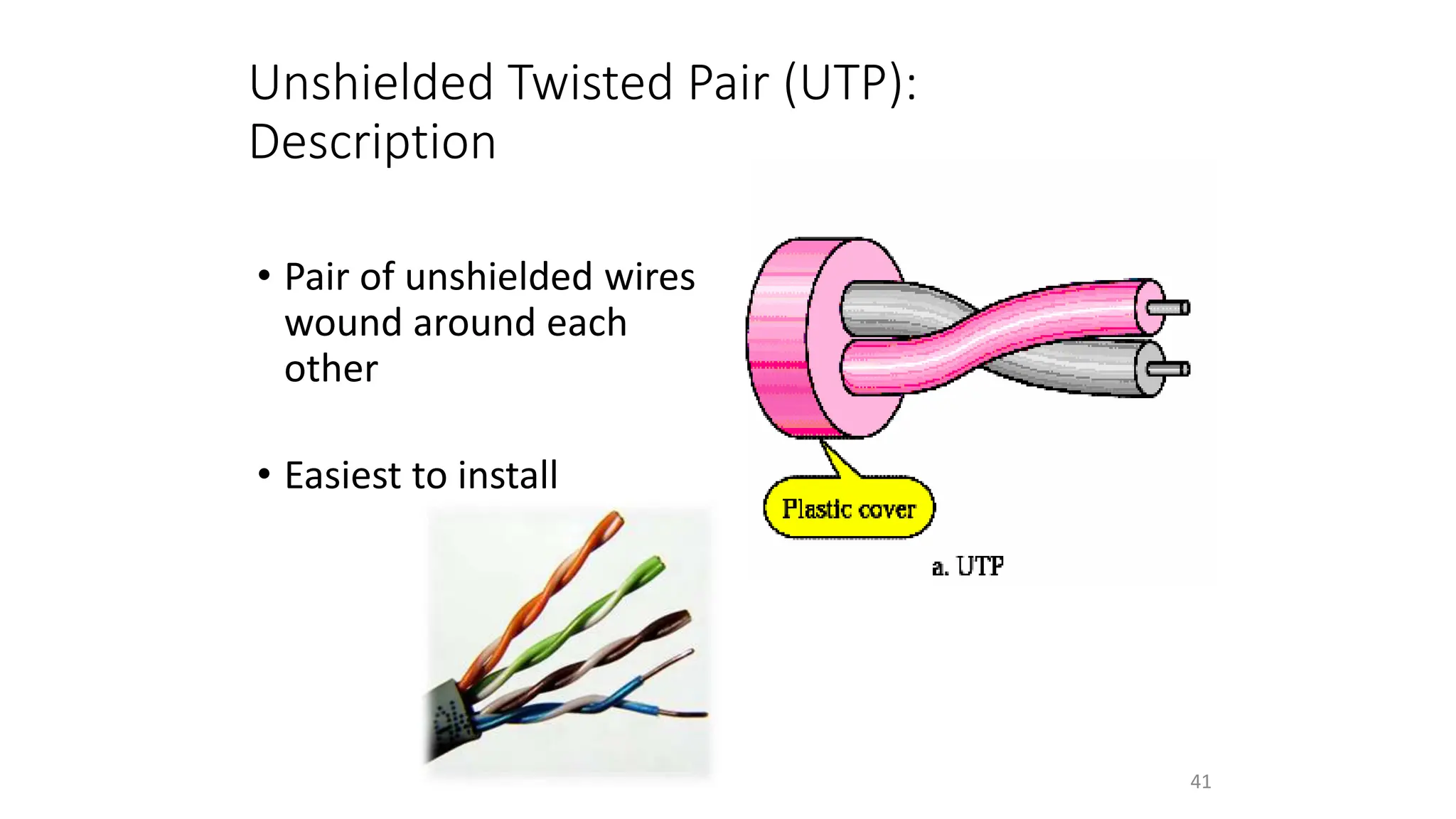 Unshielded Twisted Pair (UTP):
Description
• Pair of unshielded wires
wound around each
other
• Easiest to install
41
 