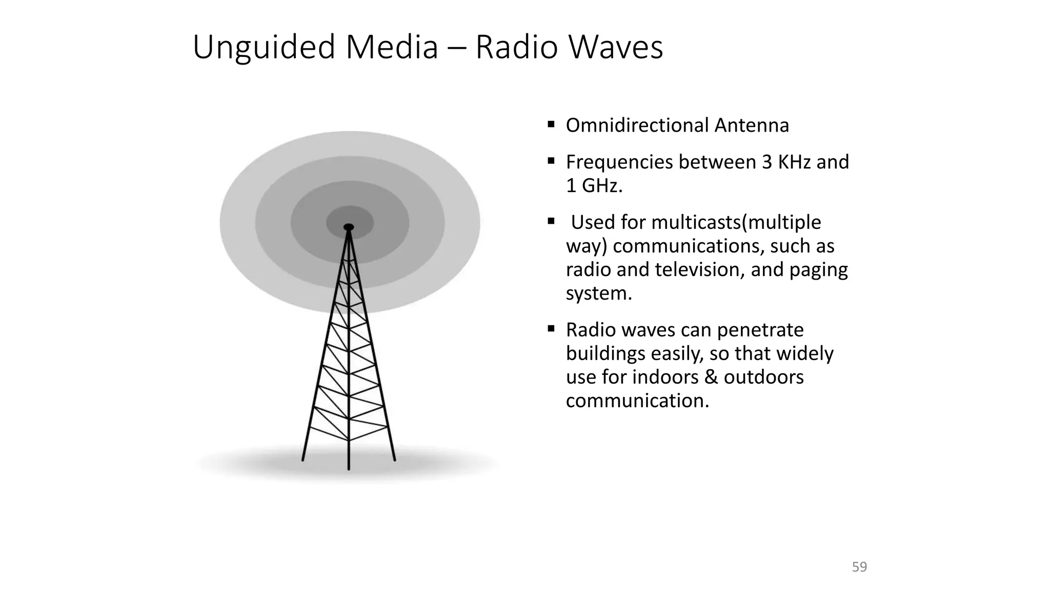  Omnidirectional Antenna
 Frequencies between 3 KHz and
1 GHz.
 Used for multicasts(multiple
way) communications, such as
radio and television, and paging
system.
 Radio waves can penetrate
buildings easily, so that widely
use for indoors & outdoors
communication.
Unguided Media – Radio Waves
59
 