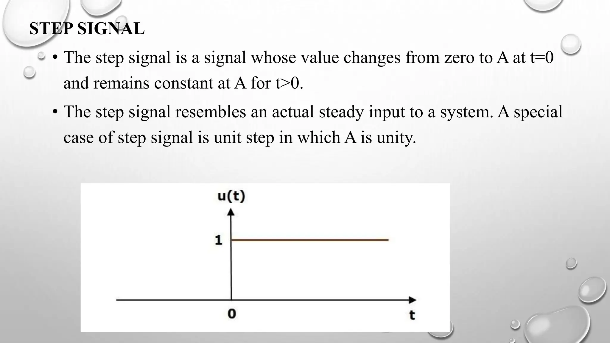 STEP SIGNAL
• The step signal is a signal whose value changes from zero to A at t=0
and remains constant at A for t>0.
• The step signal resembles an actual steady input to a system. A special
case of step signal is unit step in which A is unity.
 