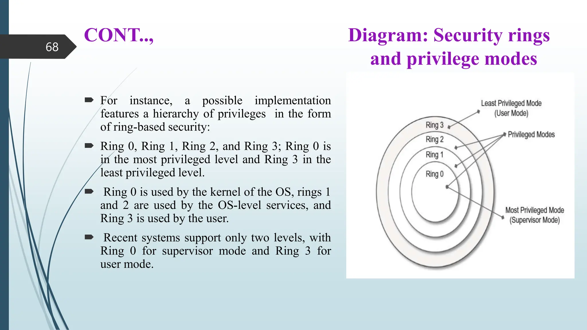 CONT.., Diagram: Security rings
and privilege modes
 For instance, a possible implementation
features a hierarchy of privileges in the form
of ring-based security:
 Ring 0, Ring 1, Ring 2, and Ring 3; Ring 0 is
in the most privileged level and Ring 3 in the
least privileged level.
 Ring 0 is used by the kernel of the OS, rings 1
and 2 are used by the OS-level services, and
Ring 3 is used by the user.
 Recent systems support only two levels, with
Ring 0 for supervisor mode and Ring 3 for
user mode.
68
 