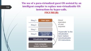 The use of a para-virtualized guest OS assisted by an
intelligent compiler to replace non-virtualizable OS
instructions by hyper-calls.
FIGURE(B)
156
 