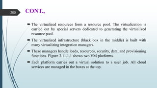 CONT.,
 The virtualized resources form a resource pool. The virtualization is
carried out by special servers dedicated to generating the virtualized
resource pool.
 The virtualized infrastructure (black box in the middle) is built with
many virtualizing integration managers.
 These managers handle loads, resources, security, data, and provisioning
functions. Figure 2.11.1.1 shows two VM platforms.
 Each platform carries out a virtual solution to a user job. All cloud
services are managed in the boxes at the top.
200
 