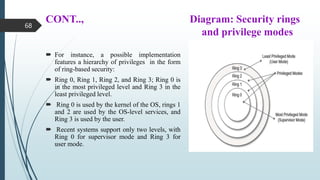 CONT.., Diagram: Security rings
and privilege modes
 For instance, a possible implementation
features a hierarchy of privileges in the form
of ring-based security:
 Ring 0, Ring 1, Ring 2, and Ring 3; Ring 0 is
in the most privileged level and Ring 3 in the
least privileged level.
 Ring 0 is used by the kernel of the OS, rings 1
and 2 are used by the OS-level services, and
Ring 3 is used by the user.
 Recent systems support only two levels, with
Ring 0 for supervisor mode and Ring 3 for
user mode.
68
 