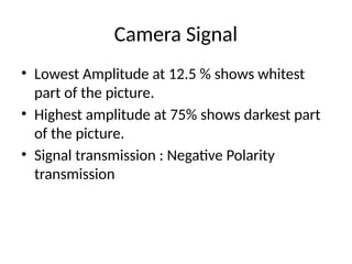 Camera Signal
• Lowest Amplitude at 12.5 % shows whitest
part of the picture.
• Highest amplitude at 75% shows darkest part
of the picture.
• Signal transmission : Negative Polarity
transmission
 