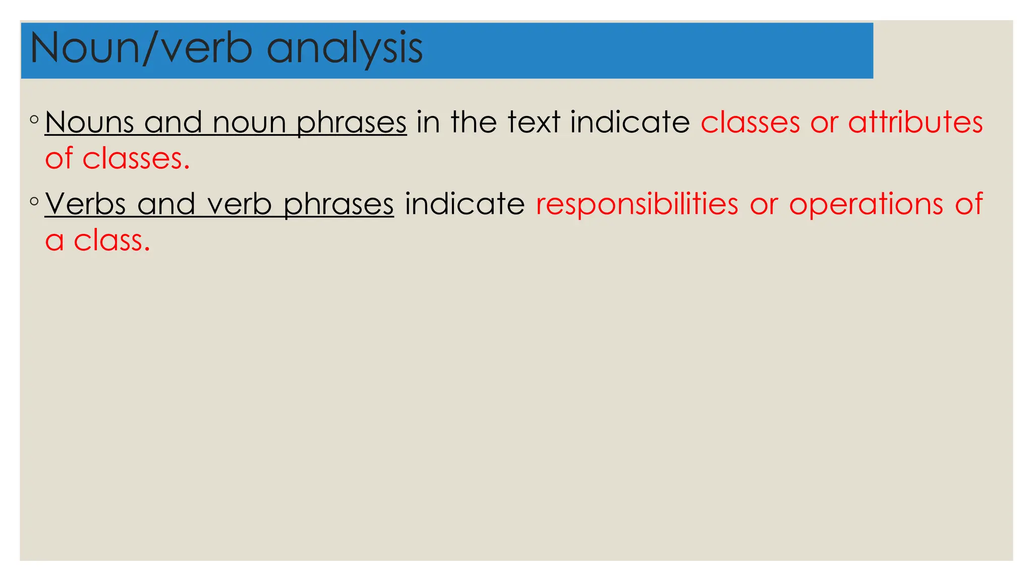 Noun/verb analysis
◦ Nouns and noun phrases in the text indicate classes or attributes
of classes.
◦ Verbs and verb phrases indicate responsibilities or operations of
a class.
 