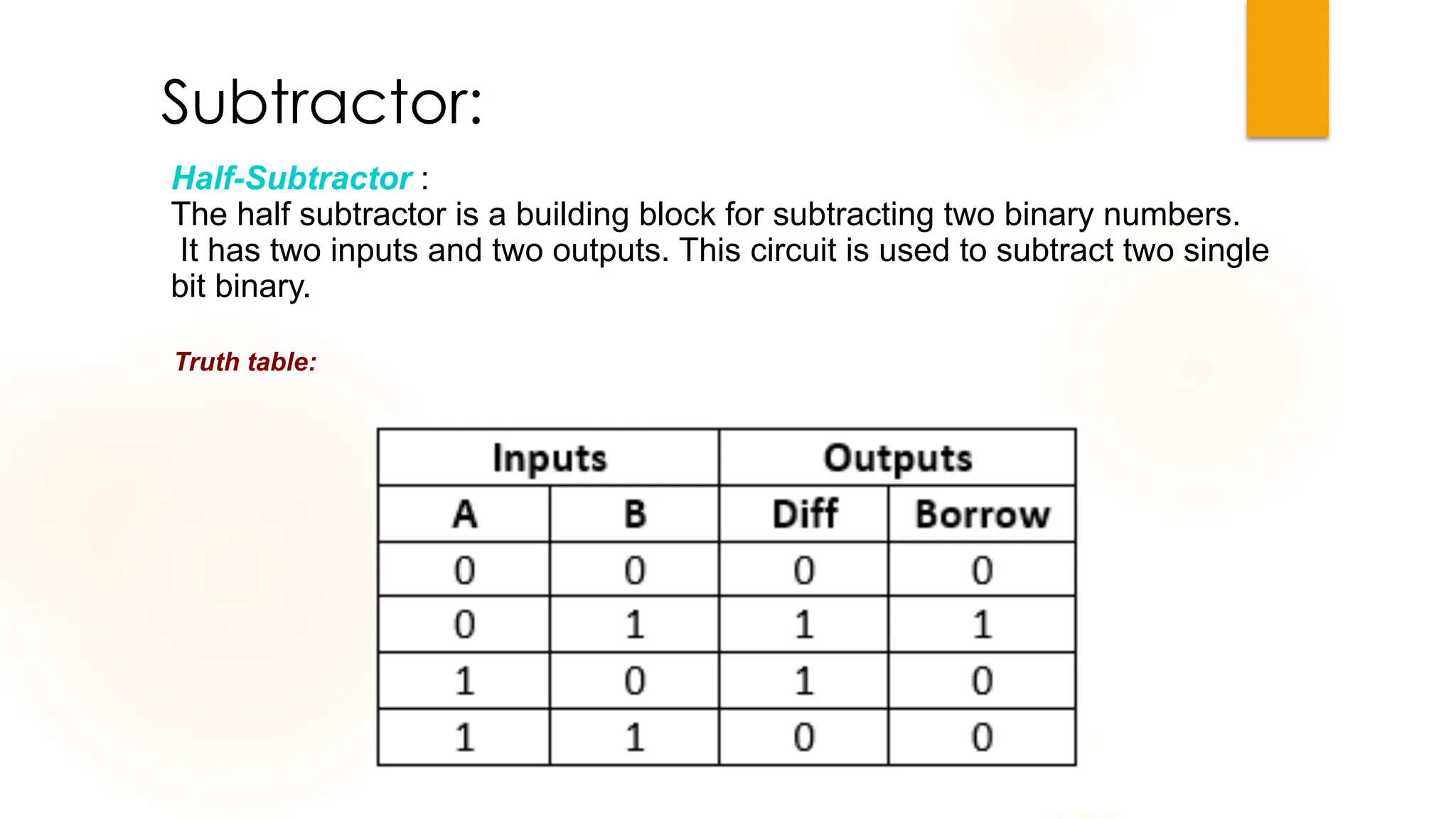 Subtractor:
Truth table:
Half-Subtractor :
The half subtractor is a building block for subtracting two binary numbers.
It has two inputs and two outputs. This circuit is used to subtract two single
bit binary.
 
