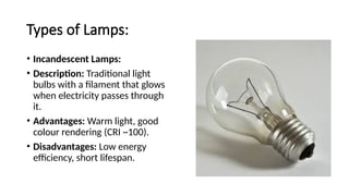 Types of Lamps:
• Incandescent Lamps:
• Description: Traditional light
bulbs with a filament that glows
when electricity passes through
it.
• Advantages: Warm light, good
colour rendering (CRI ~100).
• Disadvantages: Low energy
efficiency, short lifespan.
 