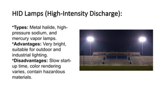 HID Lamps (High-Intensity Discharge):
•Types: Metal halide, high-
pressure sodium, and
mercury vapor lamps.
•Advantages: Very bright,
suitable for outdoor and
industrial lighting.
•Disadvantages: Slow start-
up time, color rendering
varies, contain hazardous
materials.
 