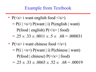Example from Textbook
• P(<s> i want english food </s>)
= P(i | <s>) P(want | i) P(english | want)
P(food | english) P(</s> | food)
= .25 x .33 x .0011 x .5 x .68 = .000031
• P(<s> i want chinese food </s>)
= P(i | <s>) P(want | i) P(chinese | want)
P(food | chinese) P(</s> | food)
= .25 x .33 x .0065 x .52 x .68 = .00019
 