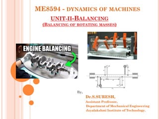 ME8594 - DYNAMICS OF MACHINES
UNIT-II-BALANCING
(BALANCING OF ROTATING MASSES)
By,
Dr.S.SURESH,
Assistant Professor,
Department of Mechanical Engineering
Jayalakshmi Institute of Technology.
 