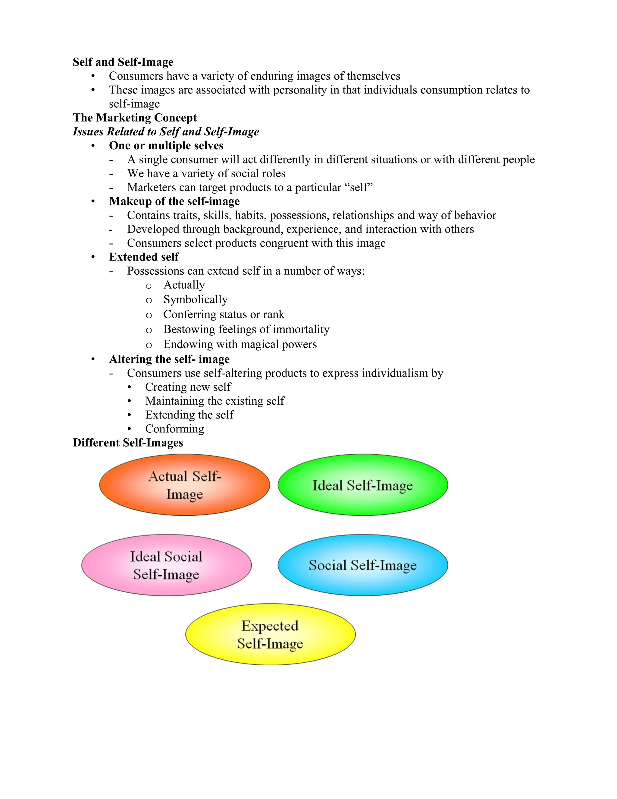 Self and Self-Image
    • Consumers have a variety of enduring images of themselves
    • These images are associated with personality in that individuals consumption relates to
       self-image
The Marketing Concept
Issues Related to Self and Self-Image
    • One or multiple selves
       - A single consumer will act differently in different situations or with different people
       - We have a variety of social roles
       - Marketers can target products to a particular “self”
    • Makeup of the self-image
       - Contains traits, skills, habits, possessions, relationships and way of behavior
       - Developed through background, experience, and interaction with others
       - Consumers select products congruent with this image
    • Extended self
       - Possessions can extend self in a number of ways:
               o Actually
               o Symbolically
               o Conferring status or rank
               o Bestowing feelings of immortality
               o Endowing with magical powers
    • Altering the self- image
       - Consumers use self-altering products to express individualism by
           • Creating new self
           • Maintaining the existing self
           • Extending the self
           • Conforming
Different Self-Images
 