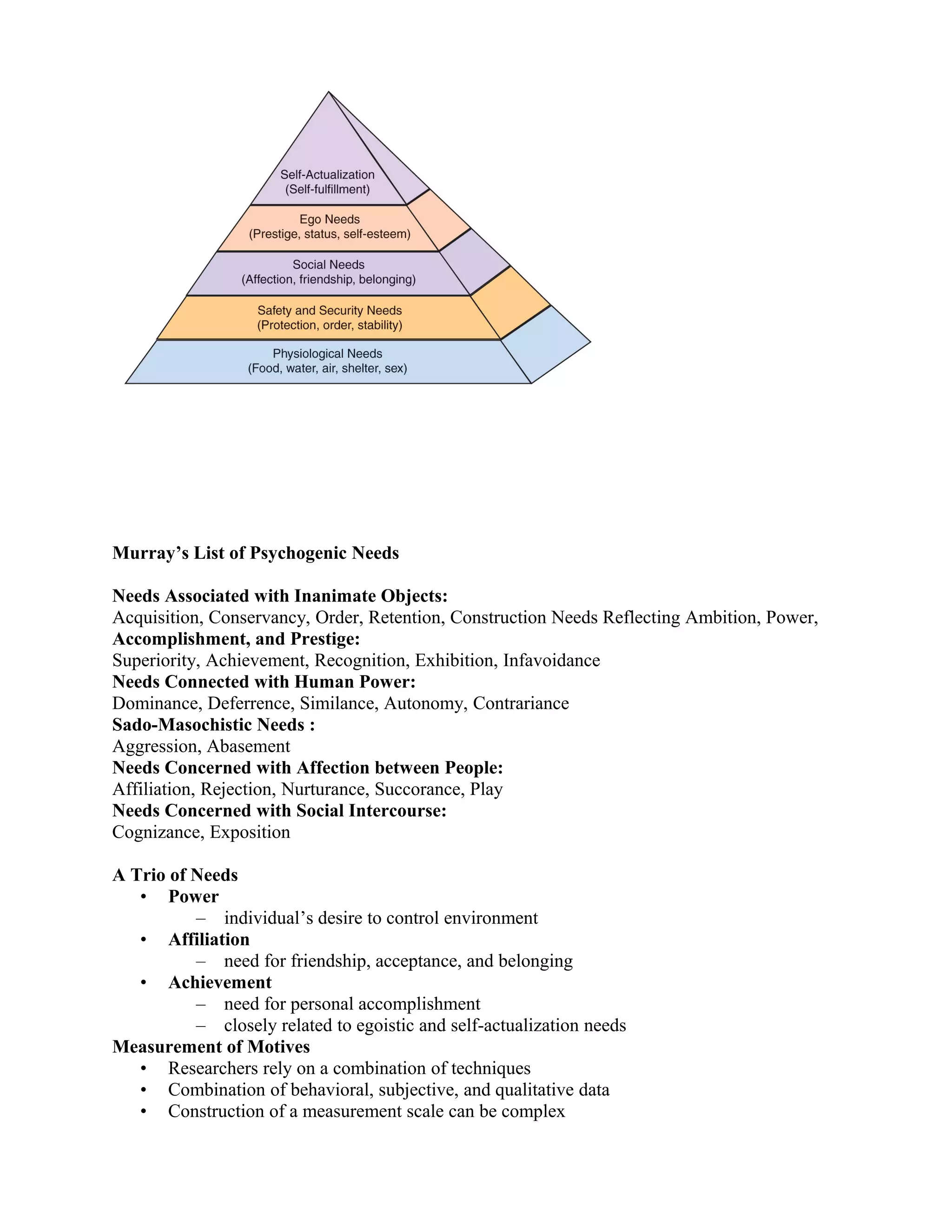 Murray’s List of Psychogenic Needs

Needs Associated with Inanimate Objects:
Acquisition, Conservancy, Order, Retention, Construction Needs Reflecting Ambition, Power,
Accomplishment, and Prestige:
Superiority, Achievement, Recognition, Exhibition, Infavoidance
Needs Connected with Human Power:
Dominance, Deferrence, Similance, Autonomy, Contrariance
Sado-Masochistic Needs :
Aggression, Abasement
Needs Concerned with Affection between People:
Affiliation, Rejection, Nurturance, Succorance, Play
Needs Concerned with Social Intercourse:
Cognizance, Exposition

A Trio of Needs
   • Power
          – individual’s desire to control environment
   • Affiliation
          – need for friendship, acceptance, and belonging
   • Achievement
          – need for personal accomplishment
          – closely related to egoistic and self-actualization needs
Measurement of Motives
   • Researchers rely on a combination of techniques
   • Combination of behavioral, subjective, and qualitative data
   • Construction of a measurement scale can be complex
 