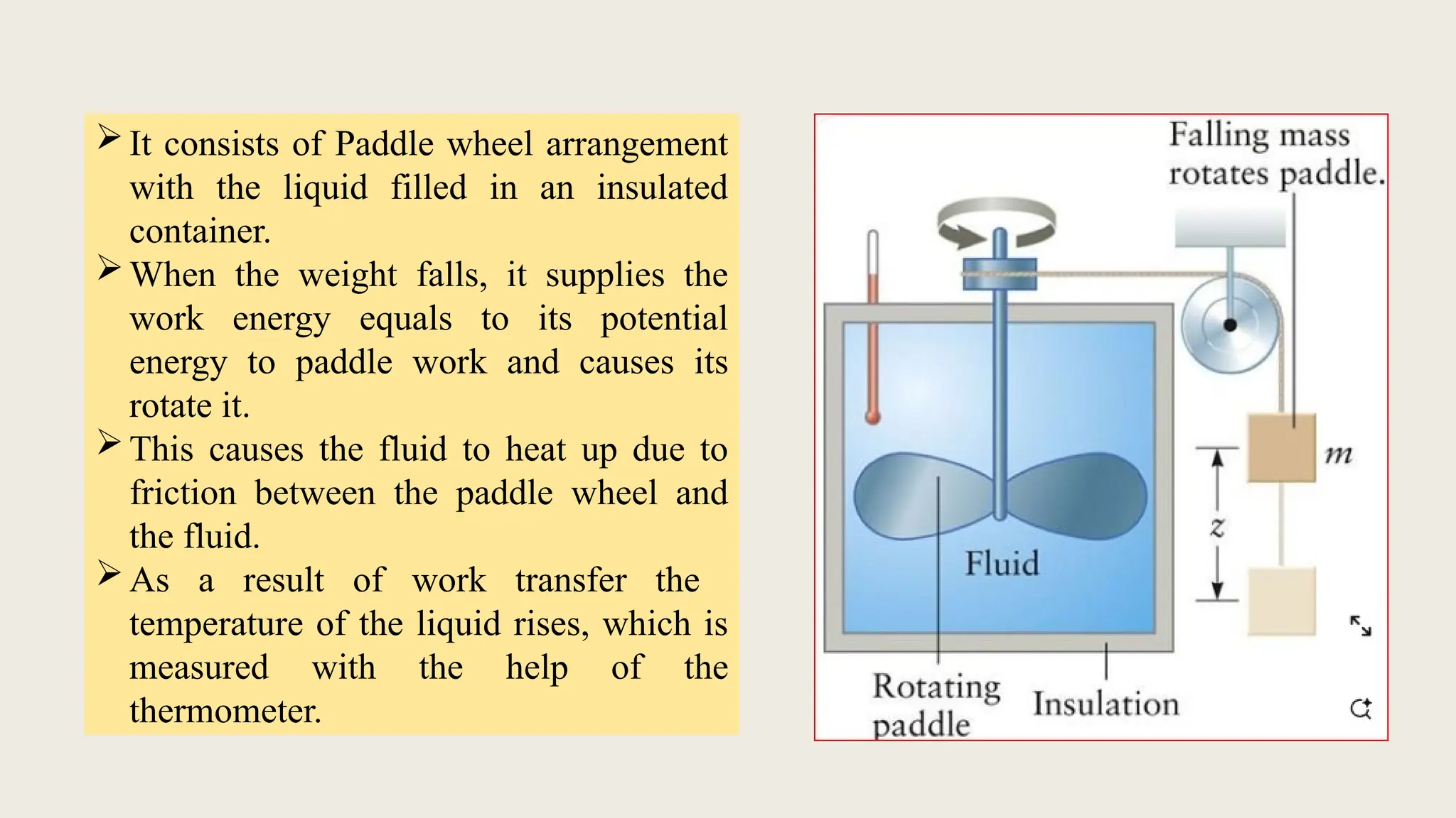 It consists of Paddle wheel arrangement
with the liquid filled in an insulated
container.
When the weight falls, it supplies the
work energy equals to its potential
energy to paddle work and causes its
rotate it.
This causes the fluid to heat up due to
friction between the paddle wheel and
the fluid.
As a result of work transfer the
temperature of the liquid rises, which is
measured with the help of the
thermometer.
 