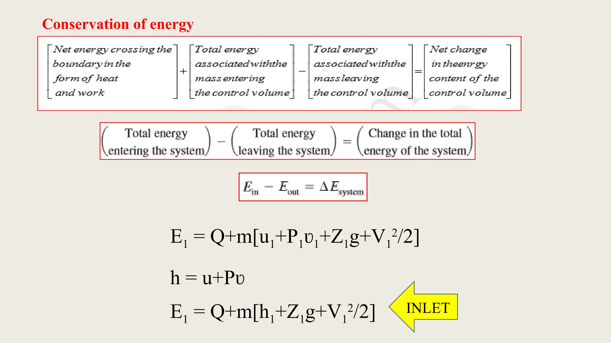 Conservation of energy
E1 = Q+m[u1+P1ʋ1+Z1g+V1
2
/2]
h = u+Pʋ
E1 = Q+m[h1+Z1g+V1
2
/2] INLET
 