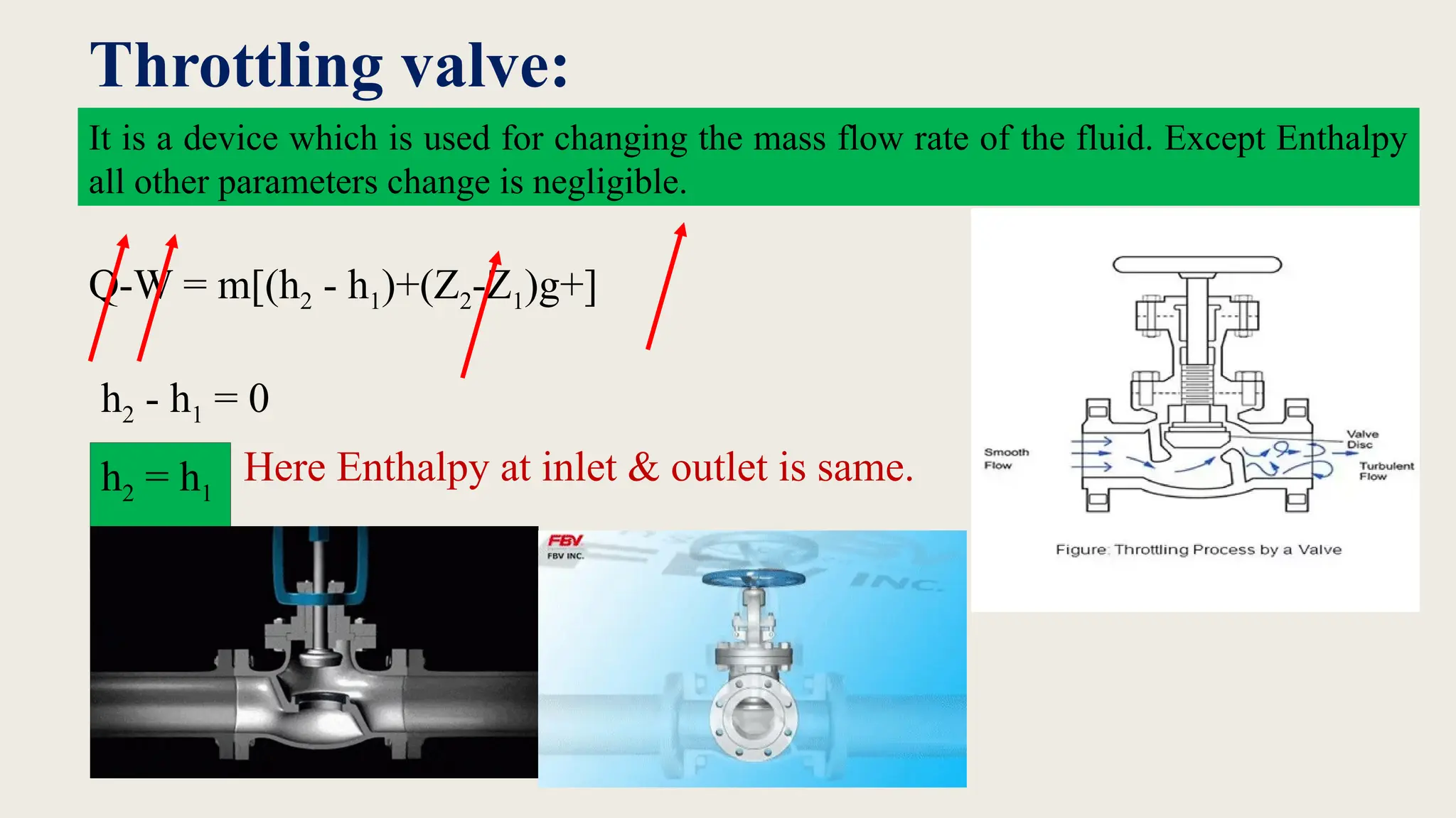 Throttling valve:
It is a device which is used for changing the mass flow rate of the fluid. Except Enthalpy
all other parameters change is negligible.
Q-W = m[(h2 - h1)+(Z2-Z1)g+]
h2 - h1 = 0
h2 = h1
Here Enthalpy at inlet & outlet is same.
 