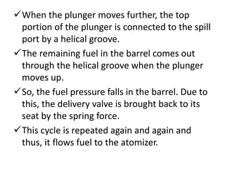 When the plunger moves further, the top
portion of the plunger is connected to the spill
port by a helical groove.
The remaining fuel in the barrel comes out
through the helical groove when the plunger
moves up.
So, the fuel pressure falls in the barrel. Due to
this, the delivery valve is brought back to its
seat by the spring force.
This cycle is repeated again and again and
thus, it flows fuel to the atomizer.
 