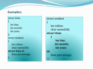 Examples:
struct Date
{
int day;
int month;
int year;
};
struct student
{
int rollno;
char name[20];
struct Date d;
float percentage;
};
struct student
{
int rollno;
char name[20];
struct Date
{
int day;
int month;
int year;
}d;
float percentage;
};
 