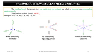 05-08-2022 11
MONOMERIC or MONONUCLEAR METAL CARBONYLS
The metal carbonyls that contain only one metal atom per molecule are called as monomeric or mononuclear
metal carbonyls.
They have the general formula M(CO)y
Examples: Ni(CO)4, Fe(CO)5, Cr(CO)6, etc.
Nickel tetracarbonyl
Tetrahedral
Iron pentacarbonyl
Trigonal bipyramidal
Chromium hexacarbonyl
Octahedral
Mr. N. K. Dhurve(Assistant Professor)
 