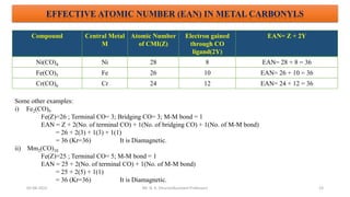 05-08-2022 23
EFFECTIVE ATOMIC NUMBER (EAN) IN METAL CARBONYLS
Compound Central Metal
M
Atomic Number
of CMI(Z)
Electron gained
through CO
ligand(2Y)
EAN= Z + 2Y
Ni(CO)4 Ni 28 8 EAN= 28 + 8 = 36
Fe(CO)5 Fe 26 10 EAN= 26 + 10 = 36
Cr(CO)6 Cr 24 12 EAN= 24 + 12 = 36
Some other examples:
i) Fe2(CO)9
Fe(Z)=26 ; Terminal CO= 3; Bridging CO= 3; M-M bond = 1
EAN = Z + 2(No. of terminal CO) + 1(No. of bridging CO) + 1(No. of M-M bond)
= 26 + 2(3) + 1(3) + 1(1)
= 36 (Kr=36) It is Diamagnetic.
ii) Mm2(CO)10
Fe(Z)=25 ; Terminal CO= 5; M-M bond = 1
EAN = 25 + 2(No. of terminal CO) + 1(No. of M-M bond)
= 25 + 2(5) + 1(1)
= 36 (Kr=36) It is Diamagnetic.
Mr. N. K. Dhurve(Assistant Professor)
 