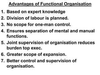 Advantages of Functional Organisation
1. Based on expert knowledge
2. Division of labour is planned.
3. No scope for one-man control.
4. Ensures separation of mental and manual
   functions.
5. Joint supervision of organisation reduces
   burden top exec.
6. Greater scope of expansion.
7. Better control and supervision of
   organisation.
 