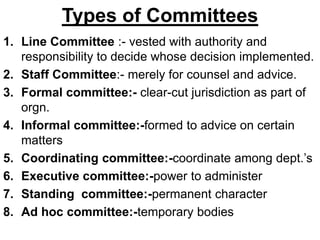 Types of Committees
1. Line Committee :- vested with authority and
   responsibility to decide whose decision implemented.
2. Staff Committee:- merely for counsel and advice.
3. Formal committee:- clear-cut jurisdiction as part of
   orgn.
4. Informal committee:-formed to advice on certain
   matters
5. Coordinating committee:-coordinate among dept.’s
6. Executive committee:-power to administer
7. Standing committee:-permanent character
8. Ad hoc committee:-temporary bodies
 