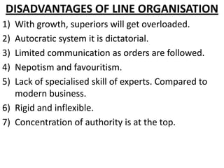 DISADVANTAGES OF LINE ORGANISATION
1) With growth, superiors will get overloaded.
2) Autocratic system it is dictatorial.
3) Limited communication as orders are followed.
4) Nepotism and favouritism.
5) Lack of specialised skill of experts. Compared to
   modern business.
6) Rigid and inflexible.
7) Concentration of authority is at the top.
 