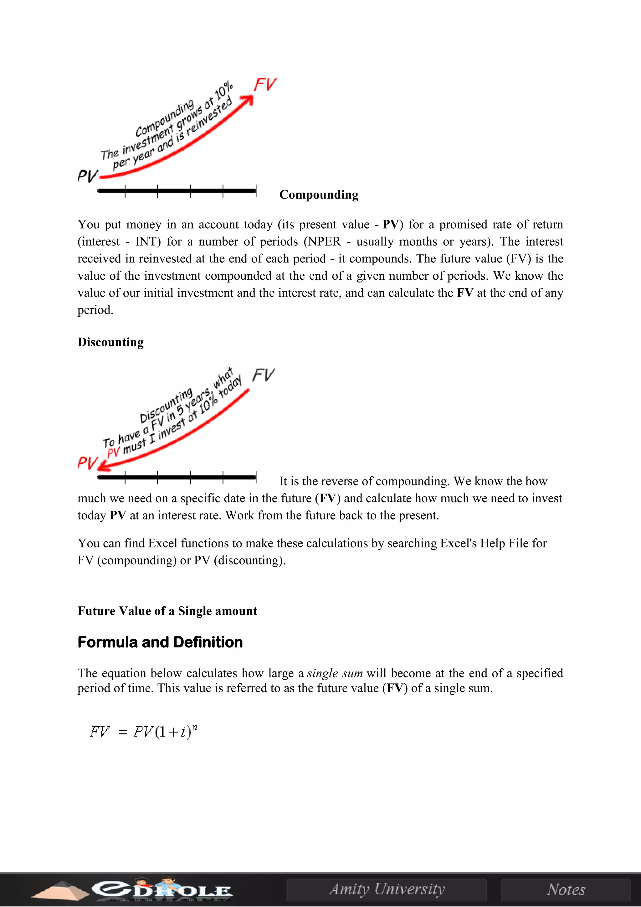 Compounding
You put money in an account today (its present value - PV) for a promised rate of return
(interest - INT) for a number of periods (NPER - usually months or years). The interest
received in reinvested at the end of each period - it compounds. The future value (FV) is the
value of the investment compounded at the end of a given number of periods. We know the
value of our initial investment and the interest rate, and can calculate the FV at the end of any
period.
Discounting
It is the reverse of compounding. We know the how
much we need on a specific date in the future (FV) and calculate how much we need to invest
today PV at an interest rate. Work from the future back to the present.
You can find Excel functions to make these calculations by searching Excel's Help File for
FV (compounding) or PV (discounting).
Future Value of a Single amount
Formula and Definition
The equation below calculates how large a single sum will become at the end of a specified
period of time. This value is referred to as the future value (FV) of a single sum.
 
