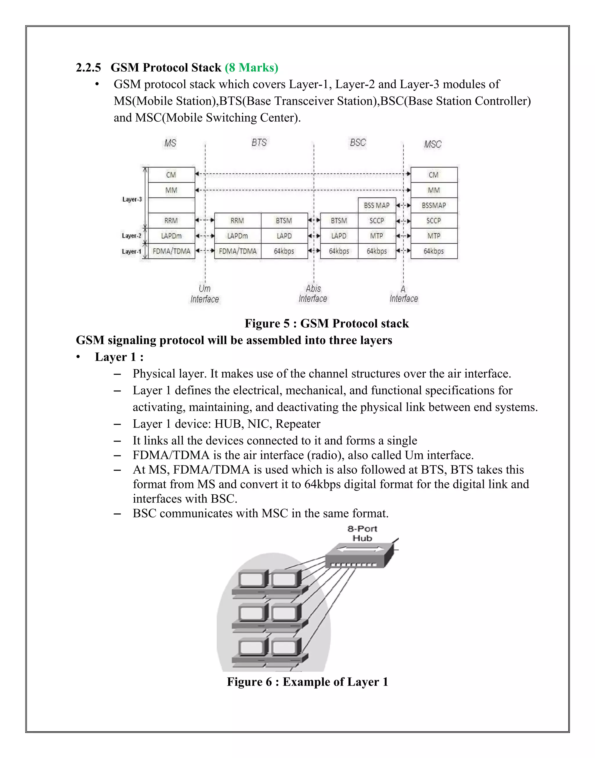 2.2.5 GSM Protocol Stack (8 Marks)
• GSM protocol stack which covers Layer-1, Layer-2 and Layer-3 modules of
MS(Mobile Station),BTS(Base Transceiver Station),BSC(Base Station Controller)
and MSC(Mobile Switching Center).
Figure 5 : GSM Protocol stack
GSM signaling protocol will be assembled into three layers
• Layer 1 :
– Physical layer. It makes use of the channel structures over the air interface.
– Layer 1 defines the electrical, mechanical, and functional specifications for
activating, maintaining, and deactivating the physical link between end systems.
– Layer 1 device: HUB, NIC, Repeater
– It links all the devices connected to it and forms a single
– FDMA/TDMA is the air interface (radio), also called Um interface.
– At MS, FDMA/TDMA is used which is also followed at BTS, BTS takes this
format from MS and convert it to 64kbps digital format for the digital link and
interfaces with BSC.
– BSC communicates with MSC in the same format.
Figure 6 : Example of Layer 1
 