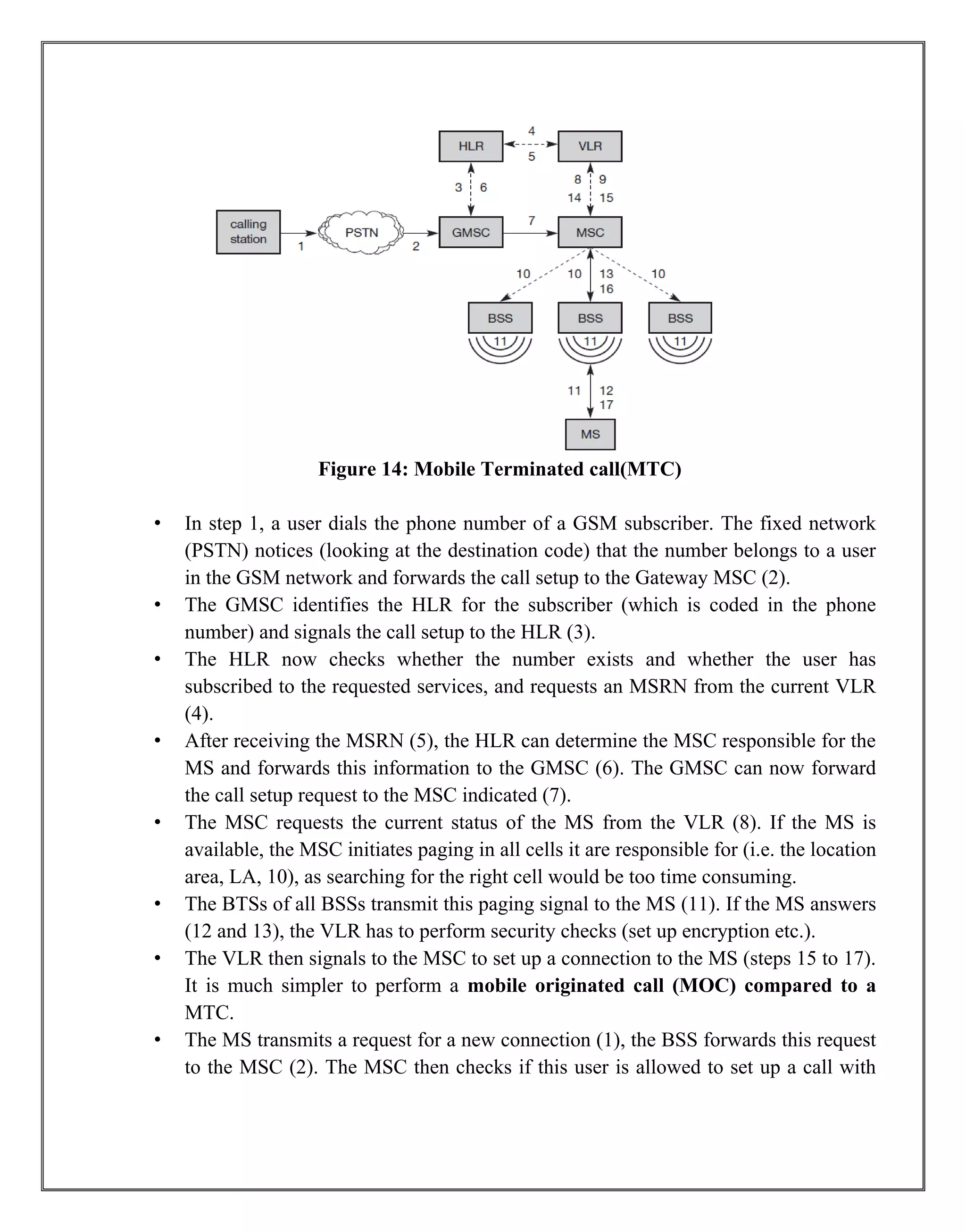Figure 14: Mobile Terminated call(MTC)
• In step 1, a user dials the phone number of a GSM subscriber. The fixed network
(PSTN) notices (looking at the destination code) that the number belongs to a user
in the GSM network and forwards the call setup to the Gateway MSC (2).
• The GMSC identifies the HLR for the subscriber (which is coded in the phone
number) and signals the call setup to the HLR (3).
• The HLR now checks whether the number exists and whether the user has
subscribed to the requested services, and requests an MSRN from the current VLR
(4).
• After receiving the MSRN (5), the HLR can determine the MSC responsible for the
MS and forwards this information to the GMSC (6). The GMSC can now forward
the call setup request to the MSC indicated (7).
• The MSC requests the current status of the MS from the VLR (8). If the MS is
available, the MSC initiates paging in all cells it are responsible for (i.e. the location
area, LA, 10), as searching for the right cell would be too time consuming.
• The BTSs of all BSSs transmit this paging signal to the MS (11). If the MS answers
(12 and 13), the VLR has to perform security checks (set up encryption etc.).
• The VLR then signals to the MSC to set up a connection to the MS (steps 15 to 17).
It is much simpler to perform a mobile originated call (MOC) compared to a
MTC.
• The MS transmits a request for a new connection (1), the BSS forwards this request
to the MSC (2). The MSC then checks if this user is allowed to set up a call with
 