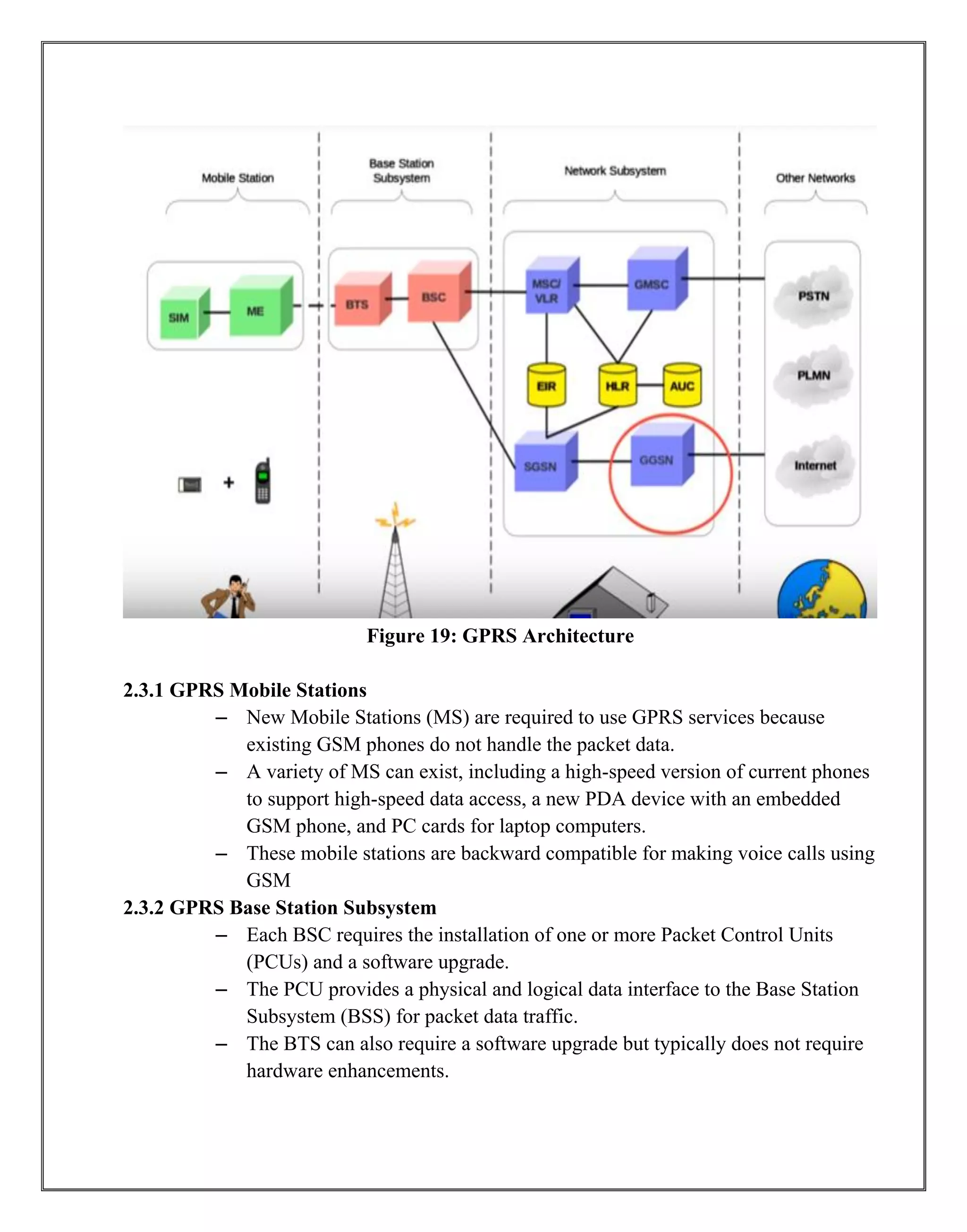 Figure 19: GPRS Architecture
2.3.1 GPRS Mobile Stations
– New Mobile Stations (MS) are required to use GPRS services because
existing GSM phones do not handle the packet data.
– A variety of MS can exist, including a high-speed version of current phones
to support high-speed data access, a new PDA device with an embedded
GSM phone, and PC cards for laptop computers.
– These mobile stations are backward compatible for making voice calls using
GSM
2.3.2 GPRS Base Station Subsystem
– Each BSC requires the installation of one or more Packet Control Units
(PCUs) and a software upgrade.
– The PCU provides a physical and logical data interface to the Base Station
Subsystem (BSS) for packet data traffic.
– The BTS can also require a software upgrade but typically does not require
hardware enhancements.
 