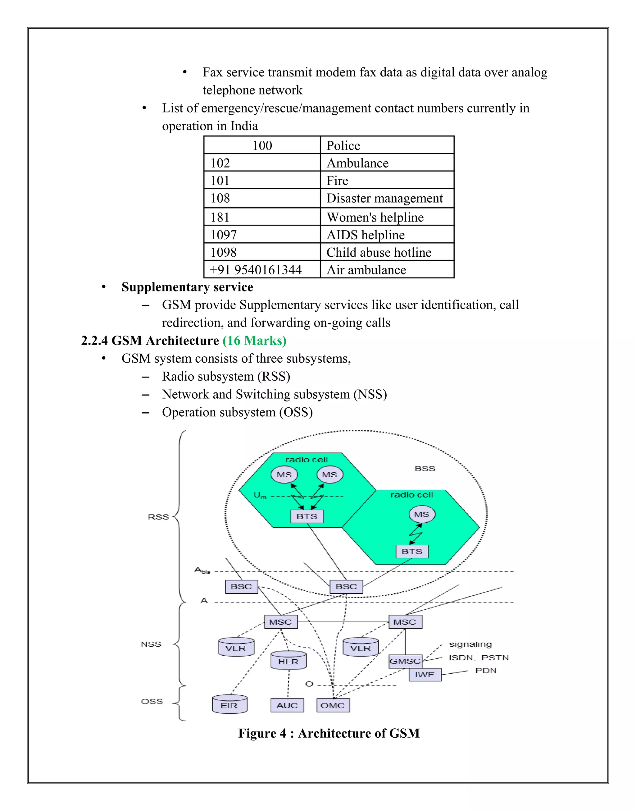 • Fax service transmit modem fax data as digital data over analog
telephone network
• List of emergency/rescue/management contact numbers currently in
operation in India
100 Police
102 Ambulance
101 Fire
108 Disaster management
181 Women's helpline
1097 AIDS helpline
1098 Child abuse hotline
+91 9540161344 Air ambulance
• Supplementary service
– GSM provide Supplementary services like user identification, call
redirection, and forwarding on-going calls
2.2.4 GSM Architecture (16 Marks)
• GSM system consists of three subsystems,
– Radio subsystem (RSS)
– Network and Switching subsystem (NSS)
– Operation subsystem (OSS)
Figure 4 : Architecture of GSM
 