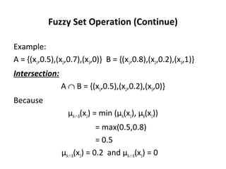 Fuzzy Set Operation (Continue)
Example:
A = {(x1,0.5),(x2,0.7),(x3,0)} B = {(x1,0.8),(x2,0.2),(x3,1)}
Intersection:
A ∩ B = {(x1,0.5),(x2,0.2),(x3,0)}
Because
µA∩B(x1) = min (µA(x1), µB(x1))
= max(0.5,0.8)
= 0.5
µA∩B(x2) = 0.2 and µA∩B(x3) = 0
 