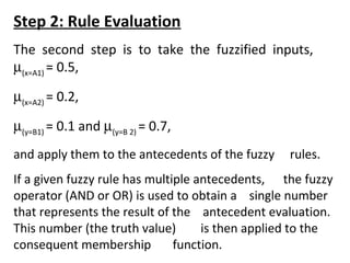 Step 2: Rule Evaluation
The second step is to take the fuzzified inputs,
µ(x=A1) = 0.5,
µ(x=A2) = 0.2,
µ(y=B1) = 0.1 and µ(y=B 2) = 0.7,
and apply them to the antecedents of the fuzzy rules.
If a given fuzzy rule has multiple antecedents, the fuzzy
operator (AND or OR) is used to obtain a single number
that represents the result of the antecedent evaluation.
This number (the truth value) is then applied to the
consequent membership function.
 
