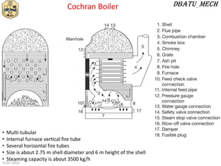 • Multi-tubular
• Internal furnace vertical fire tube
• Several horizontal fire tubes
• Size is about 2.75 m shell diameter and 6 m height of the shell
• Steaming capacity is about 3500 kg/h
Cochran Boiler
15-01-2023
 