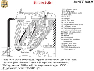 Stirling Boiler
• Three steam drums are connected together by the banks of bent water tubes.
• The steam generated collects in the steam spaces of the three drums.
• Working pressure of 60 bar with the temperature as high as 4500C.
• An evaporation capacity of 50,000 kg/h .
15-01-2023
 