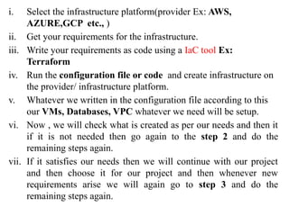 i. Select the infrastructure platform(provider Ex: AWS,
AZURE,GCP etc., )
ii. Get your requirements for the infrastructure.
iii. Write your requirements as code using a IaC tool Ex:
Terraform
iv. Run the configuration file or code and create infrastructure on
the provider/ infrastructure platform.
v. Whatever we written in the configuration file according to this
our VMs, Databases, VPC whatever we need will be setup.
vi. Now , we will check what is created as per our needs and then it
if it is not needed then go again to the step 2 and do the
remaining steps again.
vii. If it satisfies our needs then we will continue with our project
and then choose it for our project and then whenever new
requirements arise we will again go to step 3 and do the
remaining steps again.
 