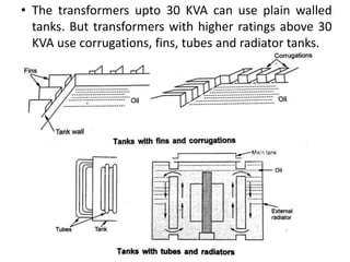 • The transformers upto 30 KVA can use plain walled
tanks. But transformers with higher ratings above 30
KVA use corrugations, fins, tubes and radiator tanks.
 