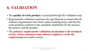 6. VALIDATION
• The quality of work product is assessed through the validation step.
• Requirements validation examines the specification to ensure that all
software requirements have been stated unambiguously and that the
work products conform to the standards established for the process,
the project, and the product.
• The primary requirements validation mechanism is the technical
review, where customers and software engineers verify the
requirements to resolve errors.
JEEVA DHARSHINI.K ,KONGU ENGINEERING
COLLEGE,ERODE
11
 