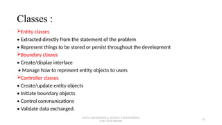 Classes :
Entity classes
• Extracted directly from the statement of the problem
• Represent things to be stored or persist throughout the development
Boundary classes
• Create/display interface
• Manage how to represent entity objects to users
Controller classes
• Create/update entity objects
• Initiate boundary objects
• Control communications
• Validate data exchanged.
JEEVA DHARSHINI.K ,KONGU ENGINEERING
COLLEGE,ERODE
42
 