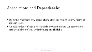 Associations and Dependencies
• Multiplicity defines how many of one class are related to how many of
another class.
• An association defines a relationship between classes. An association
may be further defined by indicating multiplicity.
JEEVA DHARSHINI.K ,KONGU ENGINEERING
COLLEGE,ERODE
45
 