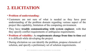 2. ELICITATION
• Problem of understanding:
• Customers are not sure of what is needed as they have poor
understanding of the problem domain regarding various aspect of the
project like capability, limitation of the computing environment.
• They have trouble communicating with system engineer, with that
they specify conflict requirements or ambiguous requirements.
• Problem of volatility: As requirements change from time to time and
it is difficult while developing the project.
• During elicitation we can identify the problem, propose elements of
solution, and specify a preliminary set of solution requirements.
JEEVA DHARSHINI.K ,KONGU ENGINEERING COLLEGE,ERODE 6
 