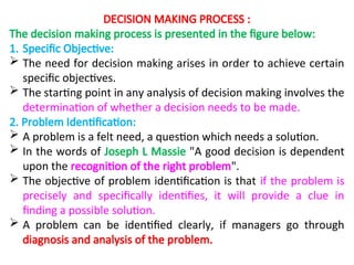 DECISION MAKING PROCESS :
The decision making process is presented in the figure below:
1. Specific Objective:
 The need for decision making arises in order to achieve certain
specific objectives.
 The starting point in any analysis of decision making involves the
determination of whether a decision needs to be made.
2. Problem Identification:
 A problem is a felt need, a question which needs a solution.
 In the words of Joseph L Massie "A good decision is dependent
upon the recognition of the right problem".
 The objective of problem identification is that if the problem is
precisely and specifically identifies, it will provide a clue in
finding a possible solution.
 A problem can be identified clearly, if managers go through
diagnosis and analysis of the problem.
 
