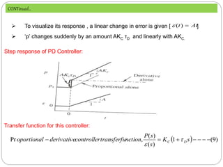  To visualize its response , a linear change in error is given [ ]
 ‘p’ changes suddenly by an amount AKC τD and linearly with AKC.
At
t 
)
(

  )
9
(
1
)
(
)
(
,
Pr 





 s
K
s
s
P
nction
transferfu
controller
derivative
oportional D
C 

Step response of PD Controller:
CONTinued…
Transfer function for this controller:
 