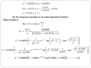 471
.
0
222
.
0
2


 

1
354
.
0
354
.
0
471
.
0
2
333
.
0
333
.
0
2












s
s
R
t
R
1
.
0
)
(
1
.
0
)
( 


1
333
.
0
222
.
0
889
.
0
1
.
0
2




s
s
s
C

















 




 








2
1
2
/
2
1
tan
1
sin
1
1
1
0889
.
0
t
e
C t

















 




 

354
.
0
354
.
0
1
tan
471
.
0
354
.
0
1
sin
354
.
0
1
1
1
0889
.
0
2
1
2
471
.
0
/
354
.
0
2
t
e
C t
 
  )
1
(
209
.
1
986
.
1
sin
069
.
1
1
0889
.
0 752
.
0







 
t
e
C t
So the response equation is at under damped condition.
Step change is
 