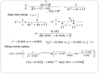  
 
 
 2
2
2
1
1
2
10
1
2
1
2
2





s
s
s
U
C
11
4
4
2
2



s
s
s
s
U
1
)
(
1 
11
4
4
2
1
2




s
s
s
C
1
11
4
11
4
11
2
1
2




s
s
s
 
1
364
.
0
364
.
0
182
.
0
2



s
s
s
;
603
.
0
364
.
0
2


 
 1
302
.
0
364
.
0
2 



 


Apply step change

















 




 

302
.
0
302
.
0
1
tan
603
.
0
302
.
0
1
sin
302
.
0
1
1
1
182
.
0
)
(
2
1
2
603
.
0
/
302
.
0
2
t
e
t
C t
 
 
4798
.
1
581
.
1
sin
049
.
1
1
182
.
0
)
( 5
.
0


 
t
e
t
C t
Taking inverse Laplace
 