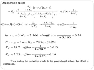   
1
1
1
1
1
1
1
1
2
1
0




















C
D
C
m
C
m
m
D
C
C
s
K
K
s
s
K
s
s
K
K
s
s
lt







C
C
K
K
C




1
)
(
   



 C
R
offset
C
C
K
K



1
1
C
C
C
K
K
K




1
1
C
K
offset



1
1
24
.
0
166
.
3
1
1
:
166
.
3
,
0 



 theoffset
KC
D

013
.
0
7
.
78
1
1
:
7
.
78
:
25
.
5
)
(
7
.
78
sec,
3
,






offset
K
or
K
For
C
C
D

Step change is applied
For
Thus adding the derivative mode to the proportional action, the offset is
decreased.
16
.
0
25
.
5
1
1
:
25
.
5 


 offset
KC
 