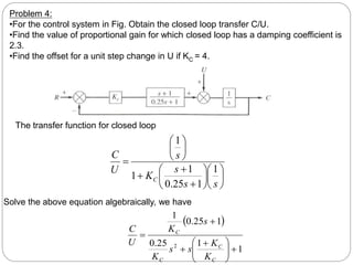 





















s
s
s
K
s
U
C
C
1
1
25
.
0
1
1
1
Problem 4:
•For the control system in Fig. Obtain the closed loop transfer C/U.
•Find the value of proportional gain for which closed loop has a damping coefficient is
2.3.
•Find the offset for a unit step change in U if KC = 4.
The transfer function for closed loop
Solve the above equation algebraically, we have
 
1
1
25
.
0
1
25
.
0
1
2








 



C
C
C
C
K
K
s
s
K
s
K
U
C
 