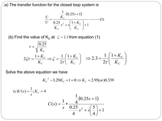  
)
1
(
1
1
25
.
0
1
25
.
0
1
2












 



C
C
C
C
K
K
s
s
K
s
K
U
C
3
.
2


C
K
25
.
0









 


C
C
K
K
1
2
1
3
.
2

339
.
0
)
(
95
.
2
0
1
29
.
3
2
or
K
K
K C
C
C 




(a) The transfer function for the closed loop system is
(b) Find the value of KC at from equation (1)
Solve the above equation we have
4
;
1
)
(
)
( 
 C
K
s
s
U
c
 
1
4
5
4
25
.
0
1
25
.
0
4
1
1
)
(
2











s
s
s
s
s
C







 




C
C
C
C
K
K
K
K 1
2
1
1
2



 